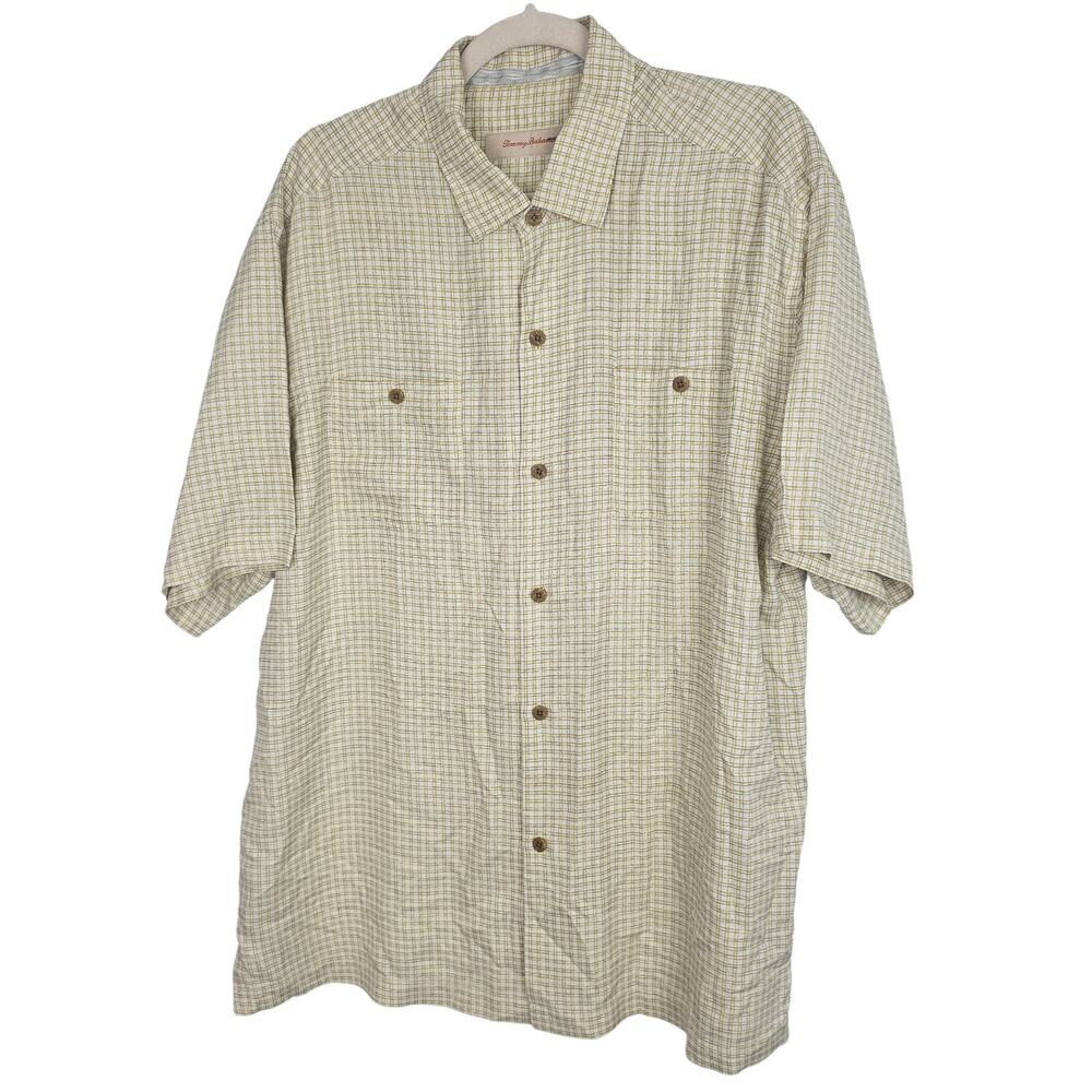 Tommy Bahama Mens Plaid Silk Shirt Size L Preppy Resortwear Classic Beach Travel